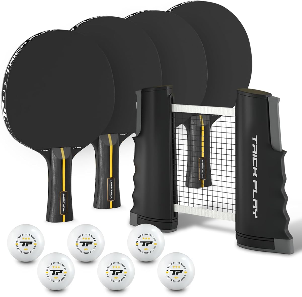 TRICKPLAY Professional Ping Pong Net for Any Table | Portable Anywhere Table Tennis Set with Retractable Net, 2 and 4 Paddle Set, 3-Star Balls, Fitted Storage Case