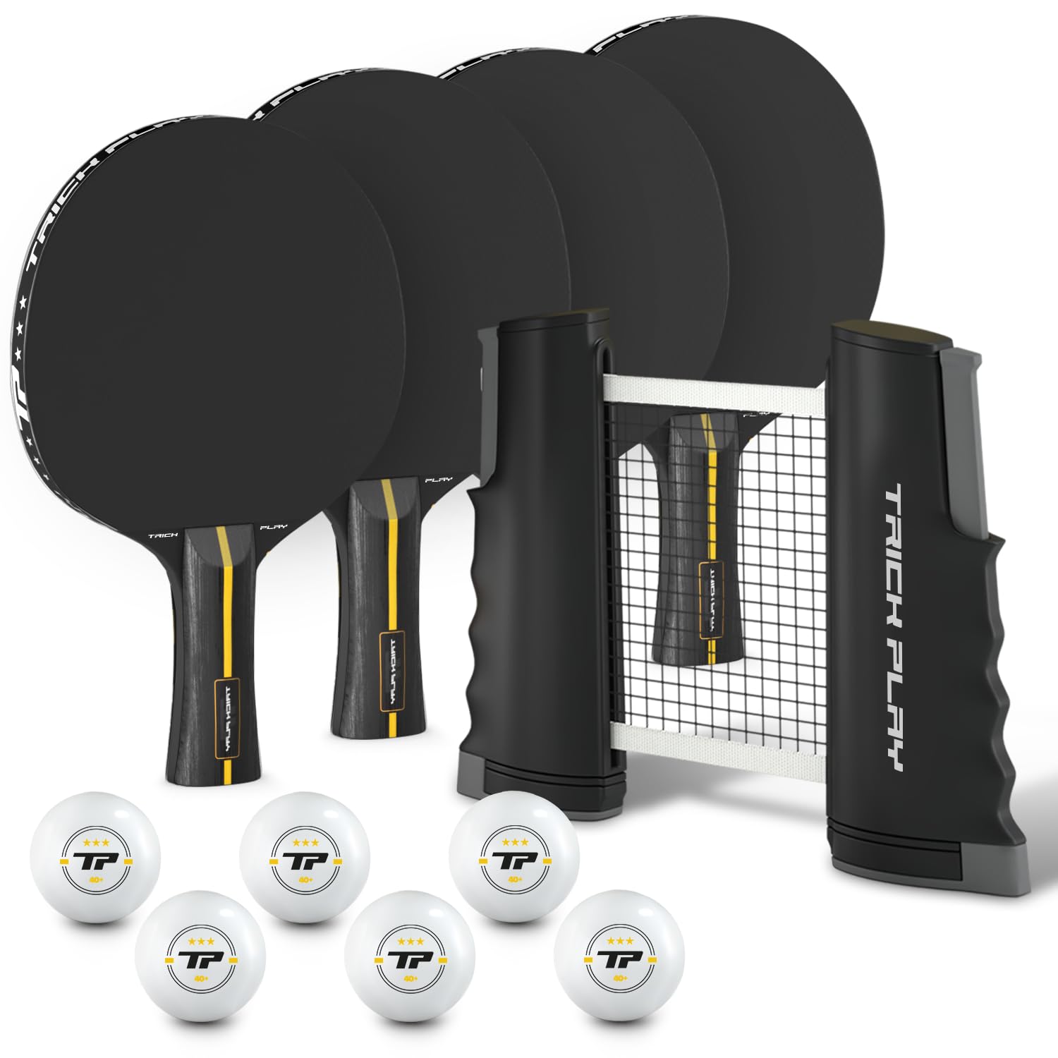 TRICKPLAY Professional Ping Pong Net for Any Table | Portable Anywhere Table Tennis Set with Retractable Net, 2 and 4 Paddle Set, 3-Star Balls, Fitted Storage Case