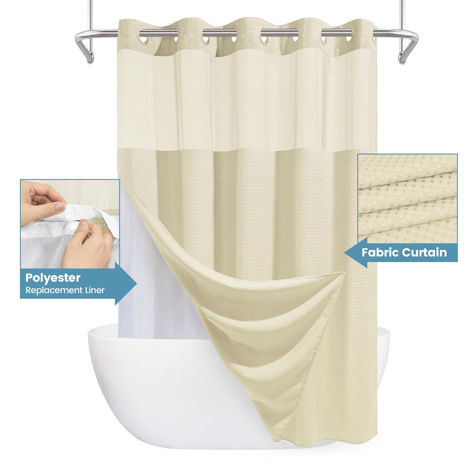 EUTXL Tenda da doccia color avorio per hotel con fodera staccabile, 230 g/m², struttura a