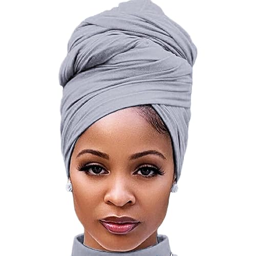 Harewom Turban Head Wraps for Women Long Fashion Stretch Headwraps for Summer Winter Braid Locs Light Grey