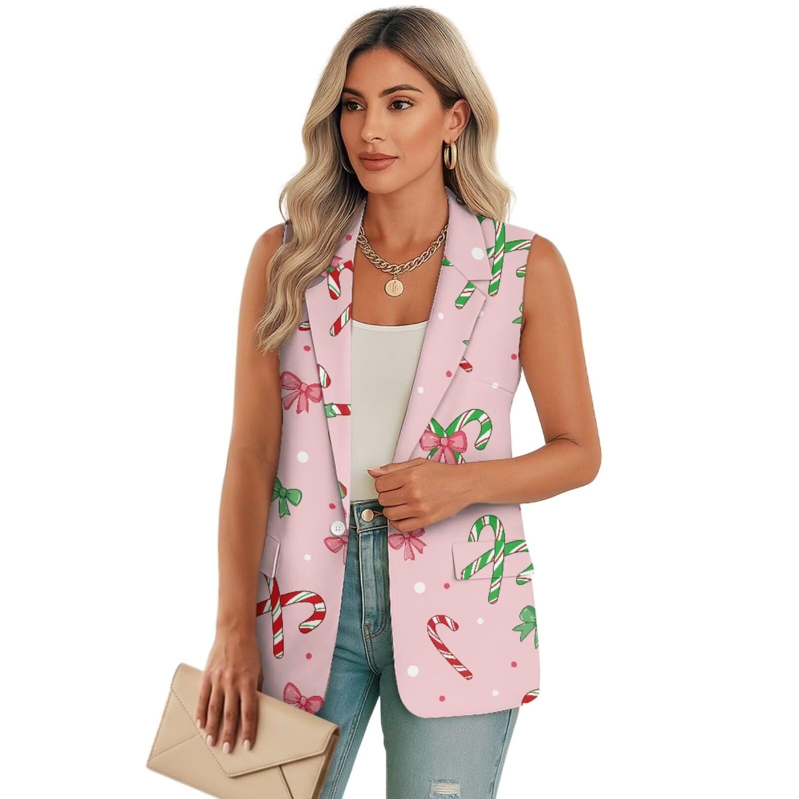 Blazer Vest for Women Sleeveless Trendy One Button Notched Lapel Blazer Jackets with Pockets S-5XL