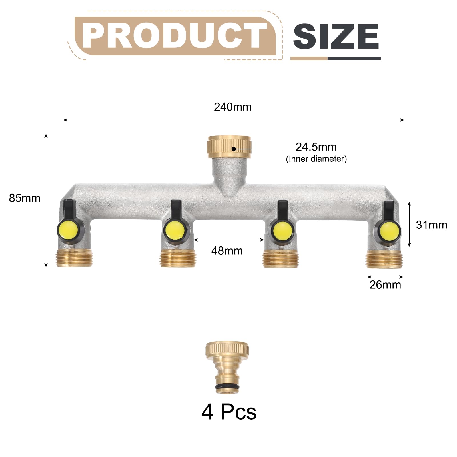 QUARKZMAN Distribuidor de Agua de 4 Vías, Adaptador de Grifo con Válvulas de Cierre Individuales Negras y Grifo, Caudal de Agua Regulable y Corte para Mangueras de Casa y Jardín