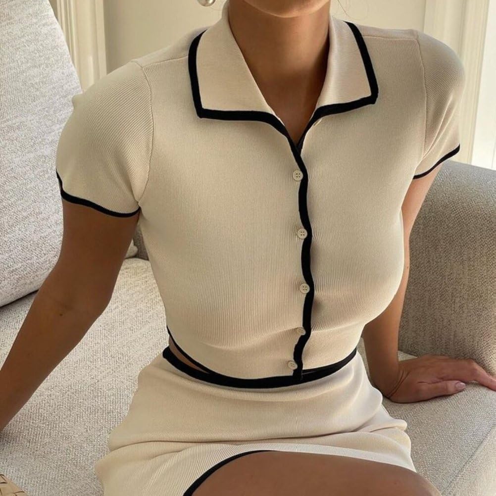 Femmes En Tricot À Manches Courtes Bouton Avant Crop Cardigan Moulant Mini Jupes 2 Pièces Au Crochet Ensemble