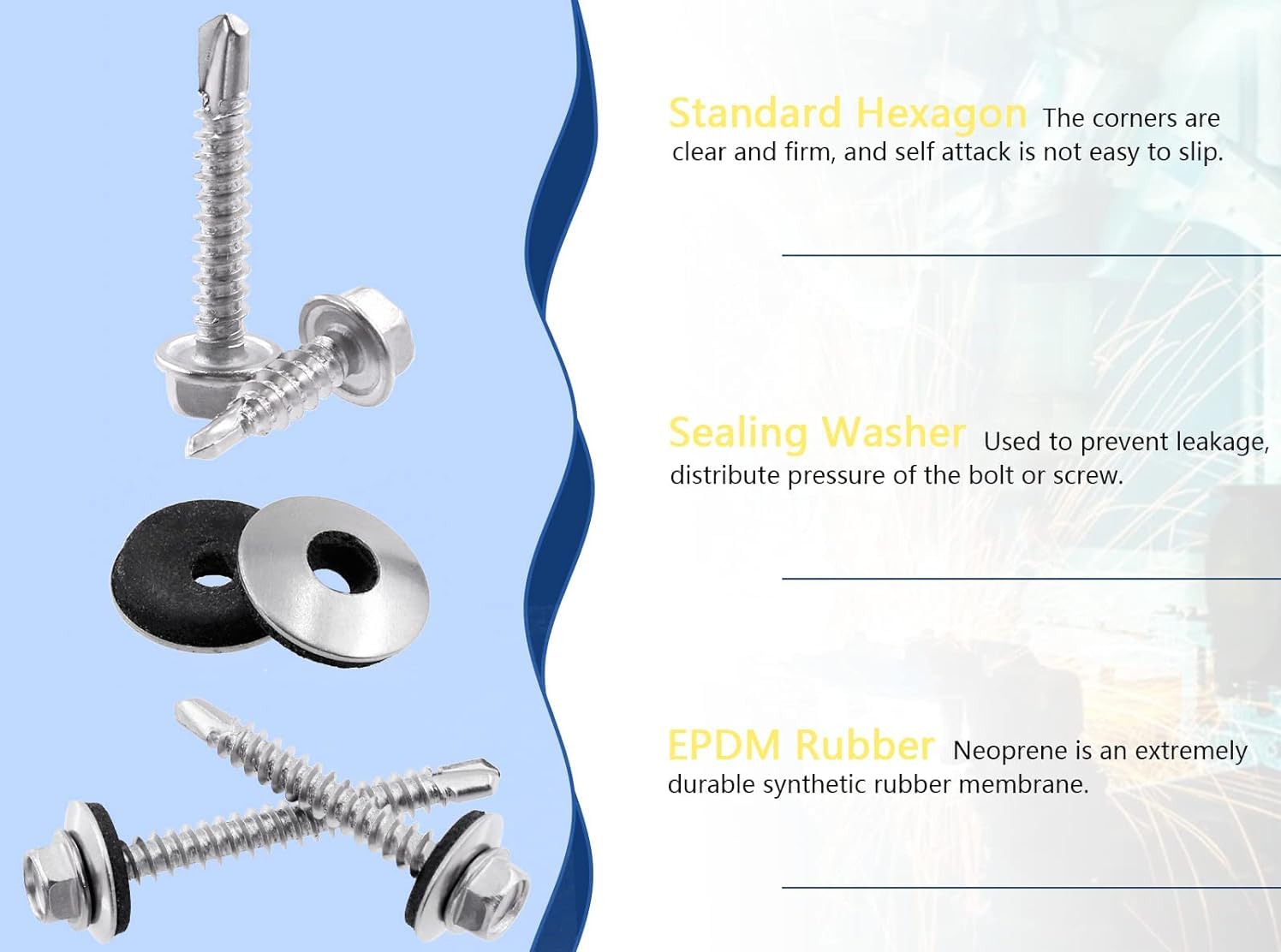Self-Drilling Screw, Zinc Plated Finish, Hex Washer Head, External Hex Drive, Sealing, Includes Washer [Pack of 100] (10 X 20) - Image 3 thumbnail