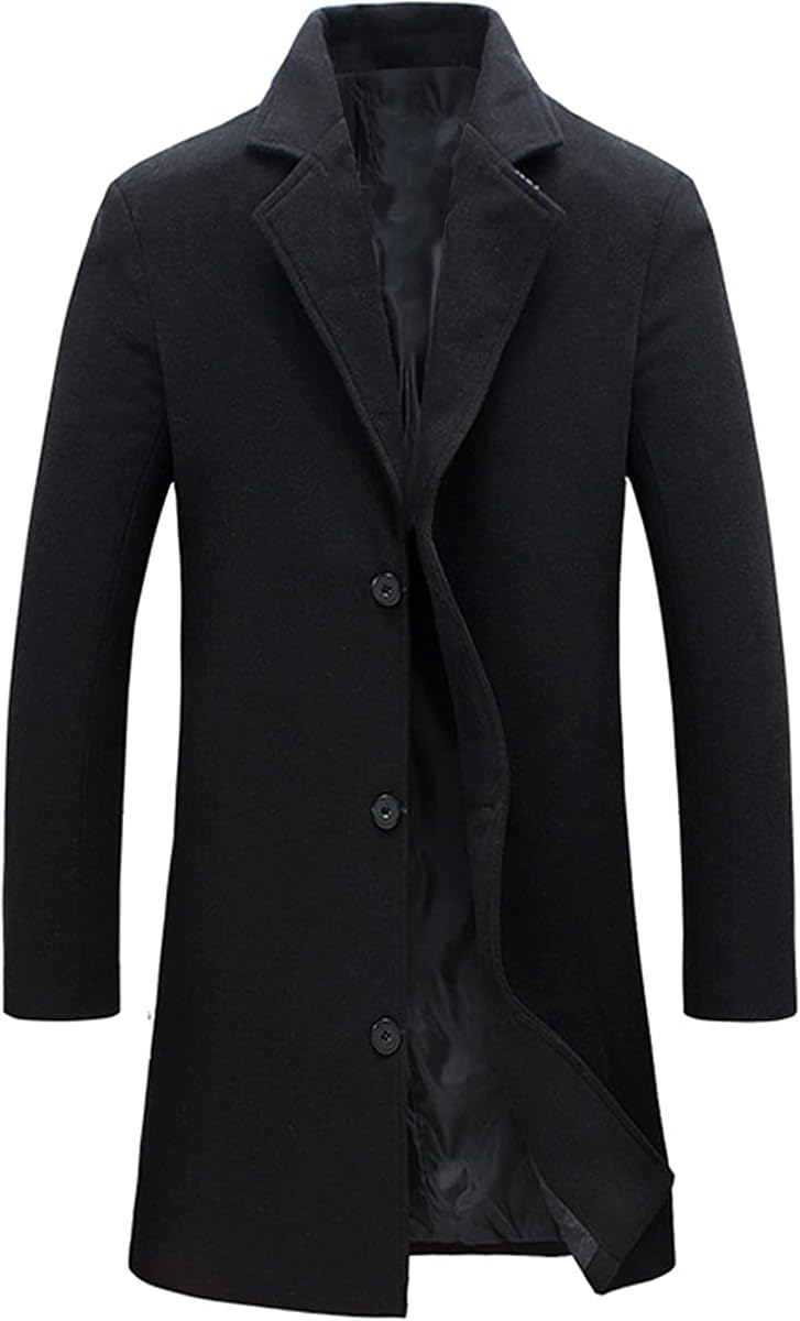Springrain Men's Wool Blend Pea Coat Notched Collar Single Breasted Overcoat Warm Winter Trench Coat(Black-XXL)