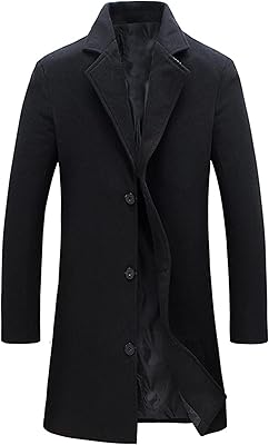Springrain Men's Wool Blend Pea Coat Notched Collar Single Breasted Overcoat Warm Winter Trench Coat
