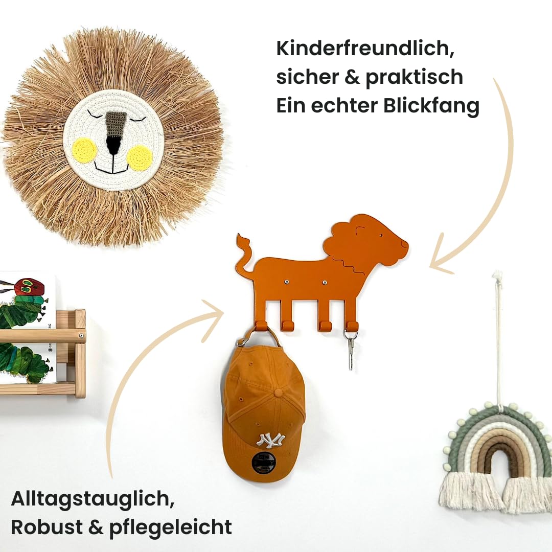 ABIMI Kindergarderobe Löwe aus pulverbeschichtetem Stahl – 4 Haken als Tierbeine – Wandgarderobe für Kinderzimmer & Flur – robust, durchdacht & mit Sorgfalt gefertigt – 32 × 22 × 2 cm
