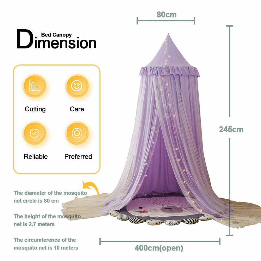 Surwin Dosel de Cama para Niña Niños Bebés Mosquitera Dosel Cama Individual Matrimonio, Redonda Toldo de Cuna de Castillo de Dormitorio Decoración de Habitación (morado blanco)
