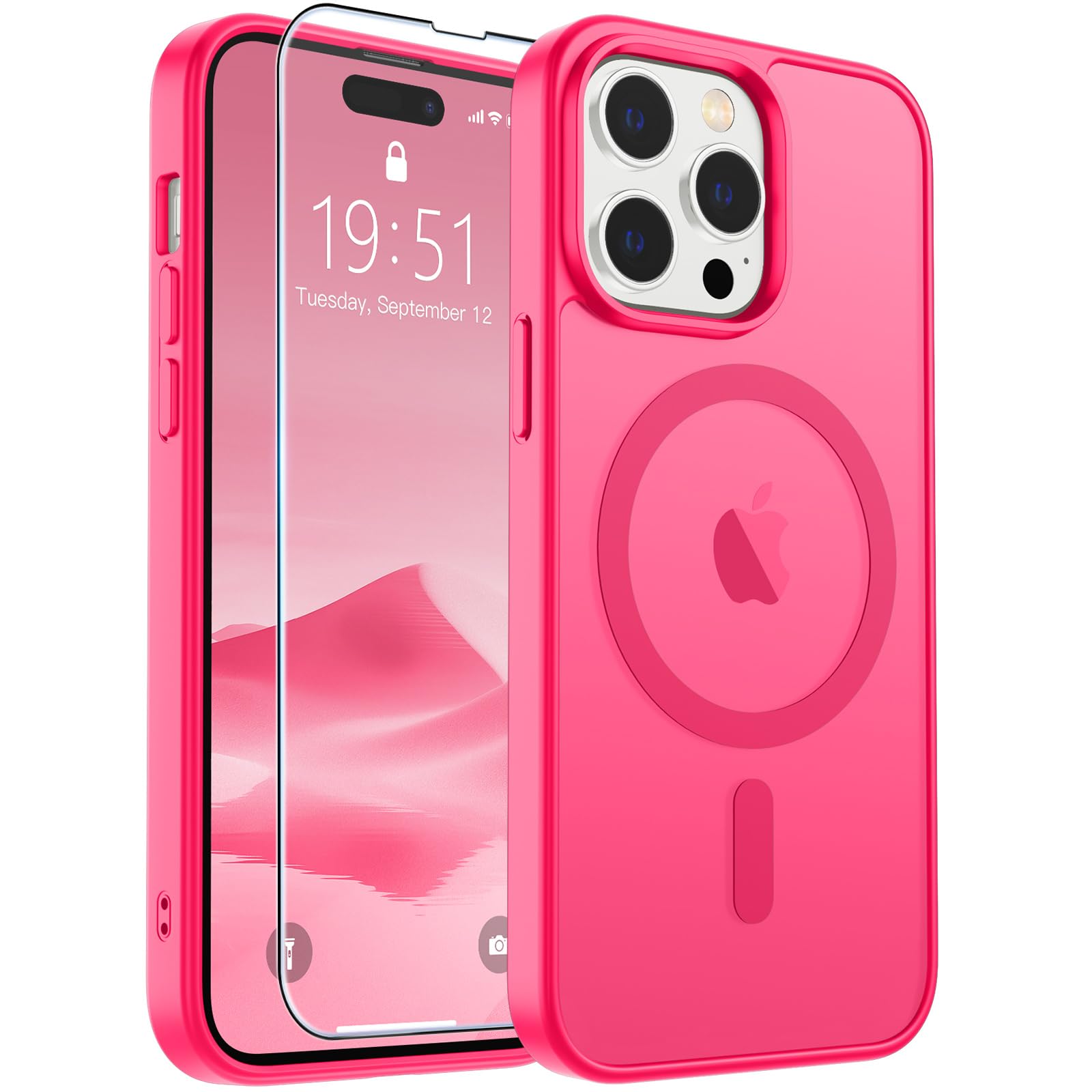 SUPFINE Magnetic for iPhone 14 Pro Max Case Hot Pink | With Screen Protector, Translucent Matte, Compatible with MagSafe, Military Grade Drop Proof, Rugged Shockproof Protective