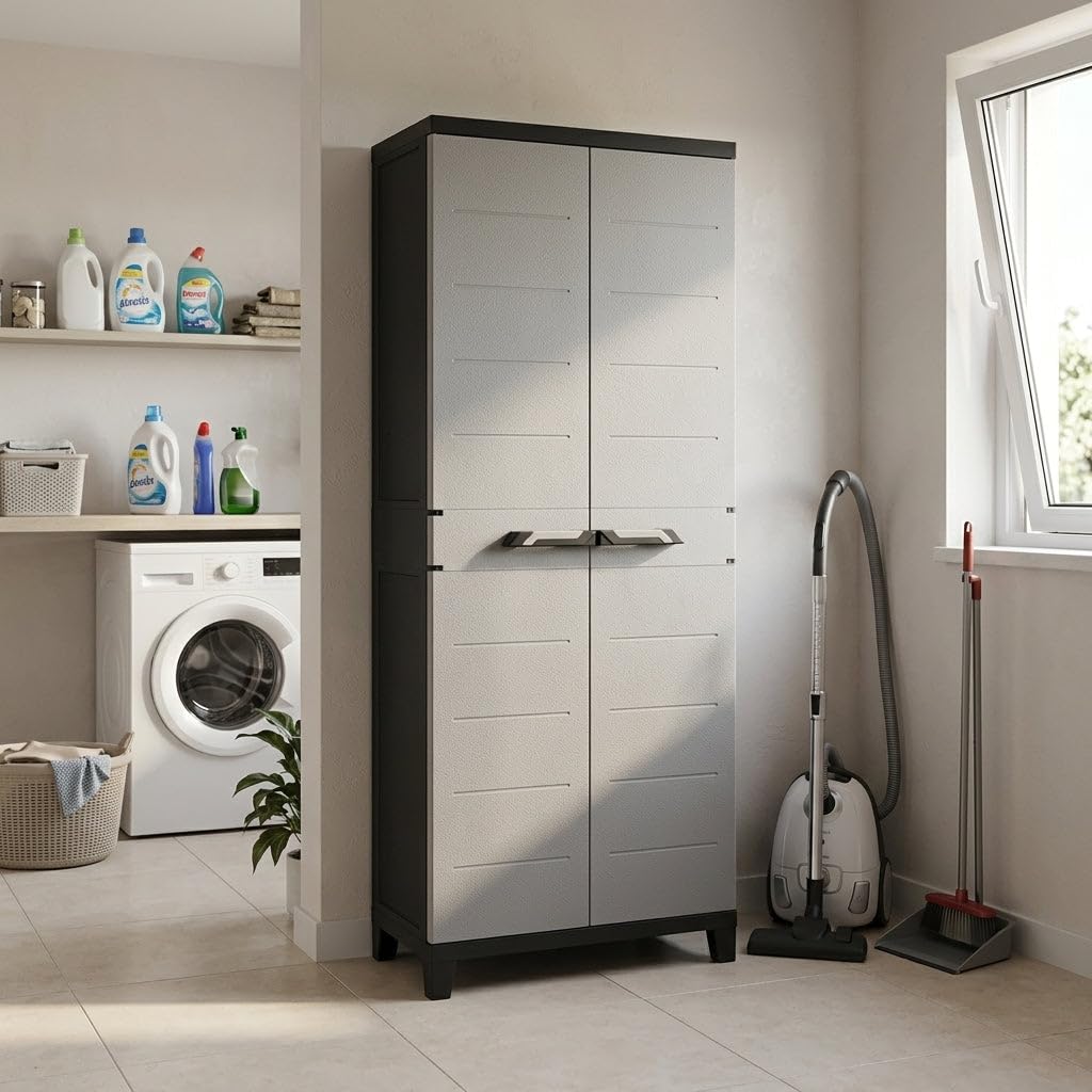 HEMAX Armadio Tuttopiani Multiuso a 2 Ante con Ripiani Interni Regolabili | Ripiani Interni Regolabili, Mobile Salvaspazio, Per Garage Lavanderia e Balcone, Struttura Robusta, Piedini Rialzati