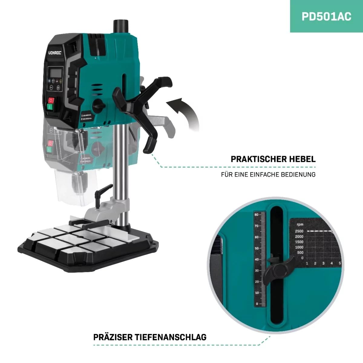 VONROC Standbohrmaschine 900W – Tischbohrmaschine – Ständerbohrmaschine - Digitales Bedienfeld mit LCD – Holz 40mm/Stahl 13mm – Kreuzlinienlaser und LED-Licht – Inkl. Zubehör