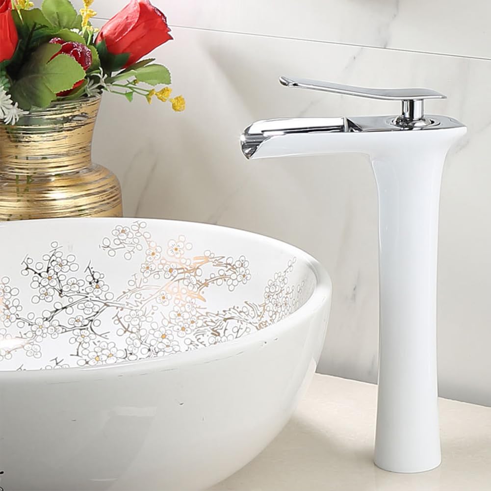 Wasserhahn Bad Wasserfall Waschtischarmatur Messing Einhebel Mischbatterie Hoch Waschbecken Armatur, Badarmatur Waschtischbatterie Badezimmer, Weiß