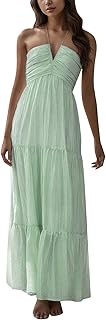 2025 - Vestido de mujer de color sólido con tirantes delgados con cuello en V, largo elegante sin hombros sin mangas vestido casual vestidos de verano hasta la rodilla rojo