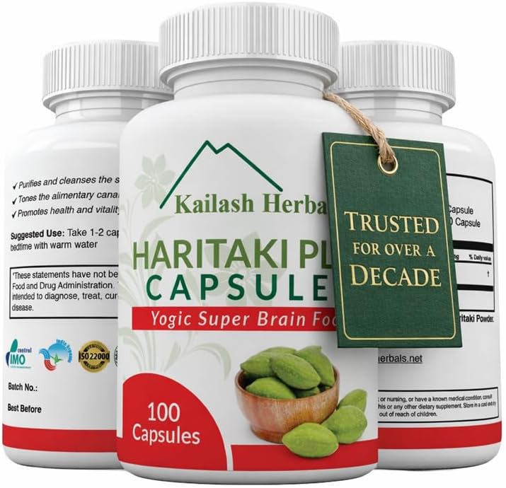 Kailash Herbals Organic Haritaki Capsules - Improves Digestion - Detoxification & Rejuvenation – Maintains Regularity - Brain Function- 100 Capsules Terminalia chebula | Vegan, Non-GMO