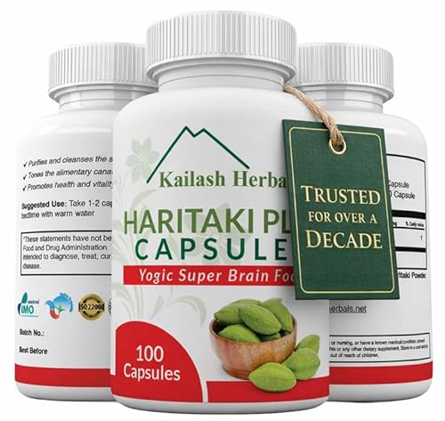 Kailash Herbals Organic Haritaki Capsules - Improves Digestion - Detoxification & Rejuvenation – Maintains Regularity - Brain Function- 100 Capsules Terminalia chebula | Vegan, Non-GMO Kailash Herbals Organic Haritaki Capsules - Improves Digestion - Detoxification & Rejuvenation – Maintains Regularity - Brain Function- 100 Capsules Terminalia chebula | Vegan, Non-GMO