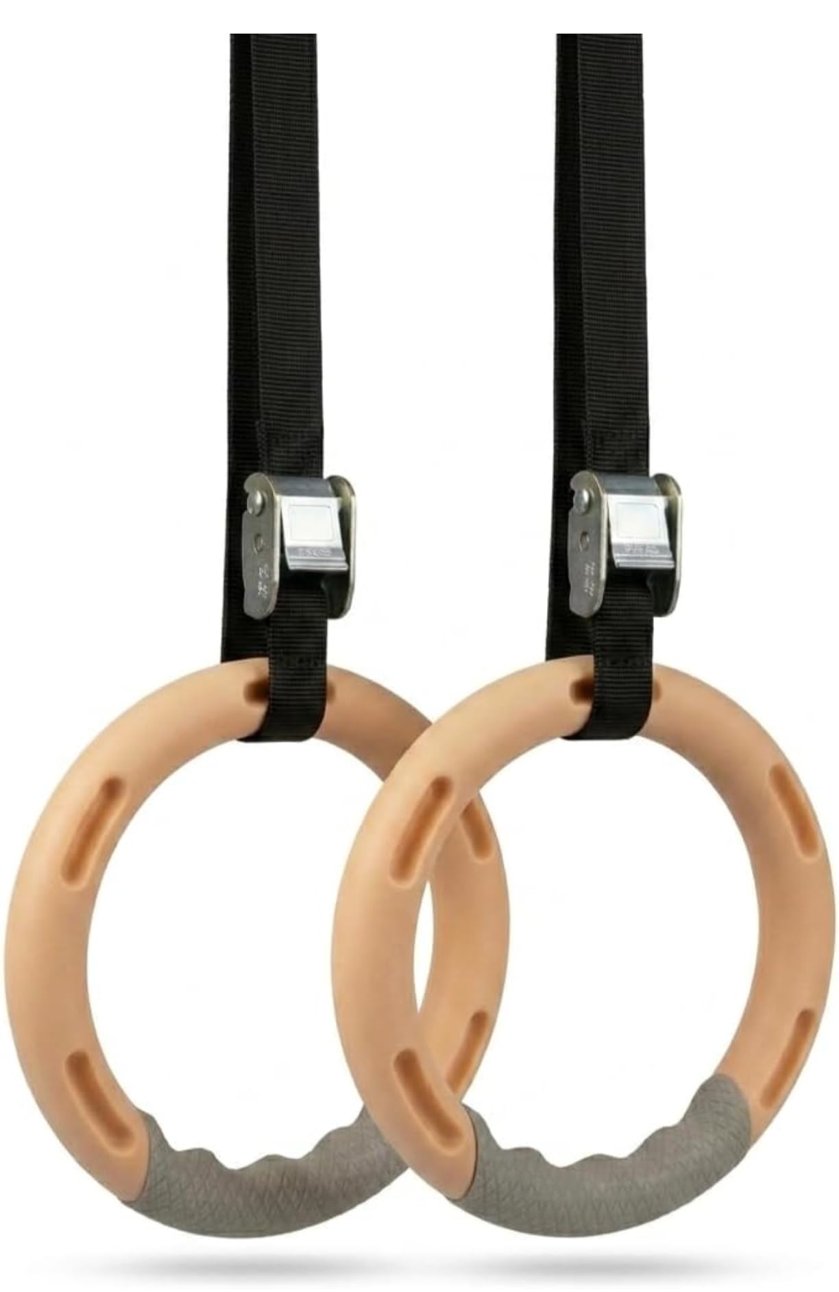 Gymnastics Rings with Straps for Men & Women | Anti-Slip Textured ABS Plastic Rings with Cam Buckles | Roman Rings for Calisthenics Training (Beige) | Soft wooden-image-22