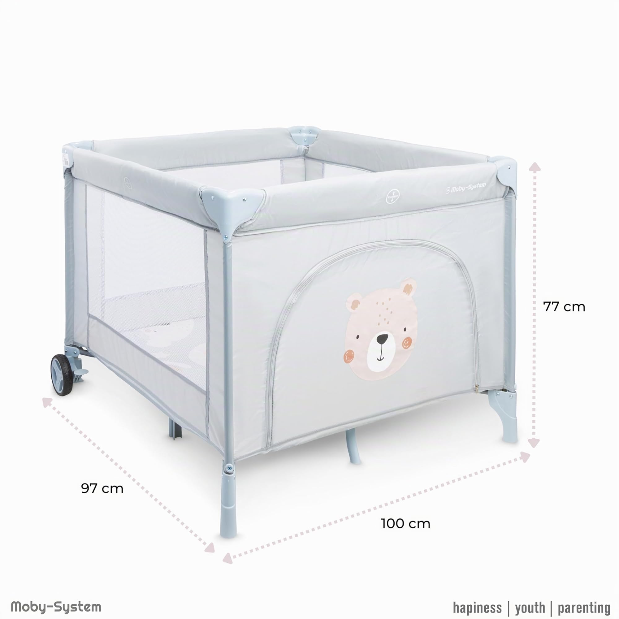 Moby-System Parc Bébé avec Matelas et Sac de Transport - Lit Parapluie Pliable, Roues Verrouillables, Cadre Stable - Motif Ours en Peluche - 97 x 100 x 77 cm (3 Articles)