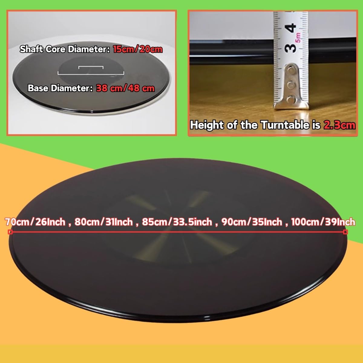Plateau Tournant en Verre Trempé Noir 10mm, 70/80/85/90/100 Cm, Grand Plateau Rond Rotatif Plateau De Service De Table pour La Cuisine Et La Table À Manger, Plateau Tournant Silencieux(70cm/26Inch)