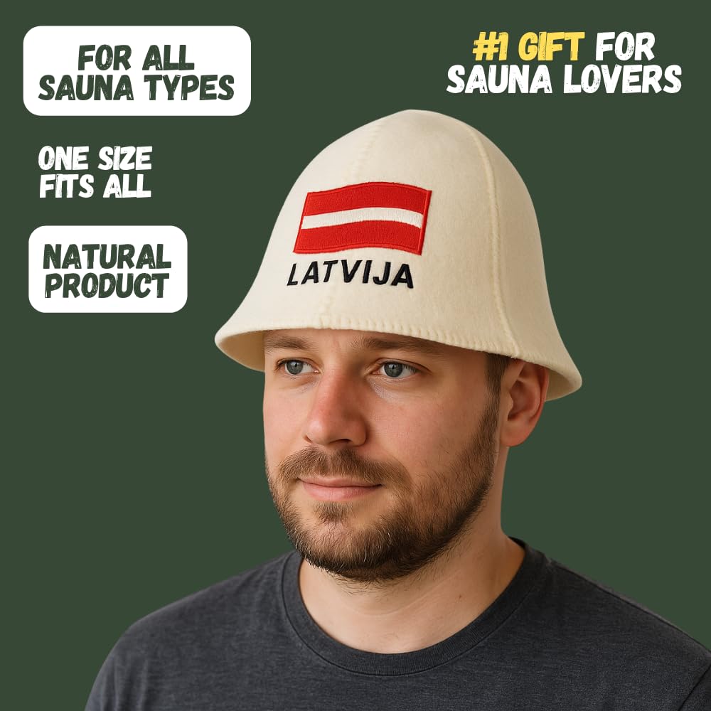 Naturalna czapka do sauny "Łotwa" biała – 100% wełna organiczna filcowa czapka do sauny dla mężczyzn i kobiet do rosyjskiej banii - chroni głowę przed ciepłem - w zestawie e-book przewodnik