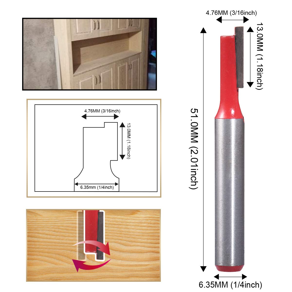 HOHXEN 3/16 Inch TCT Straight Carving Wood Engraving Milling Cutter 1/4'' Shank Router Bit 1 And 2 Flute