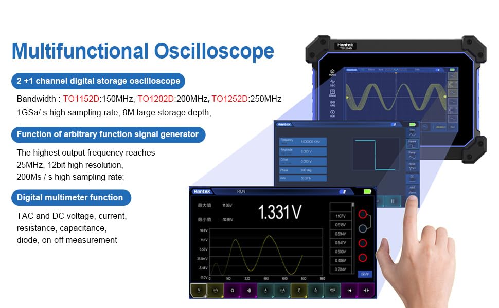 Image of Hantek TO1202D Touch Screen Tablet Oscilloscope, 2+1CH Channel Handheld Digital Oscilloscope with Multimeter, 200MHz
