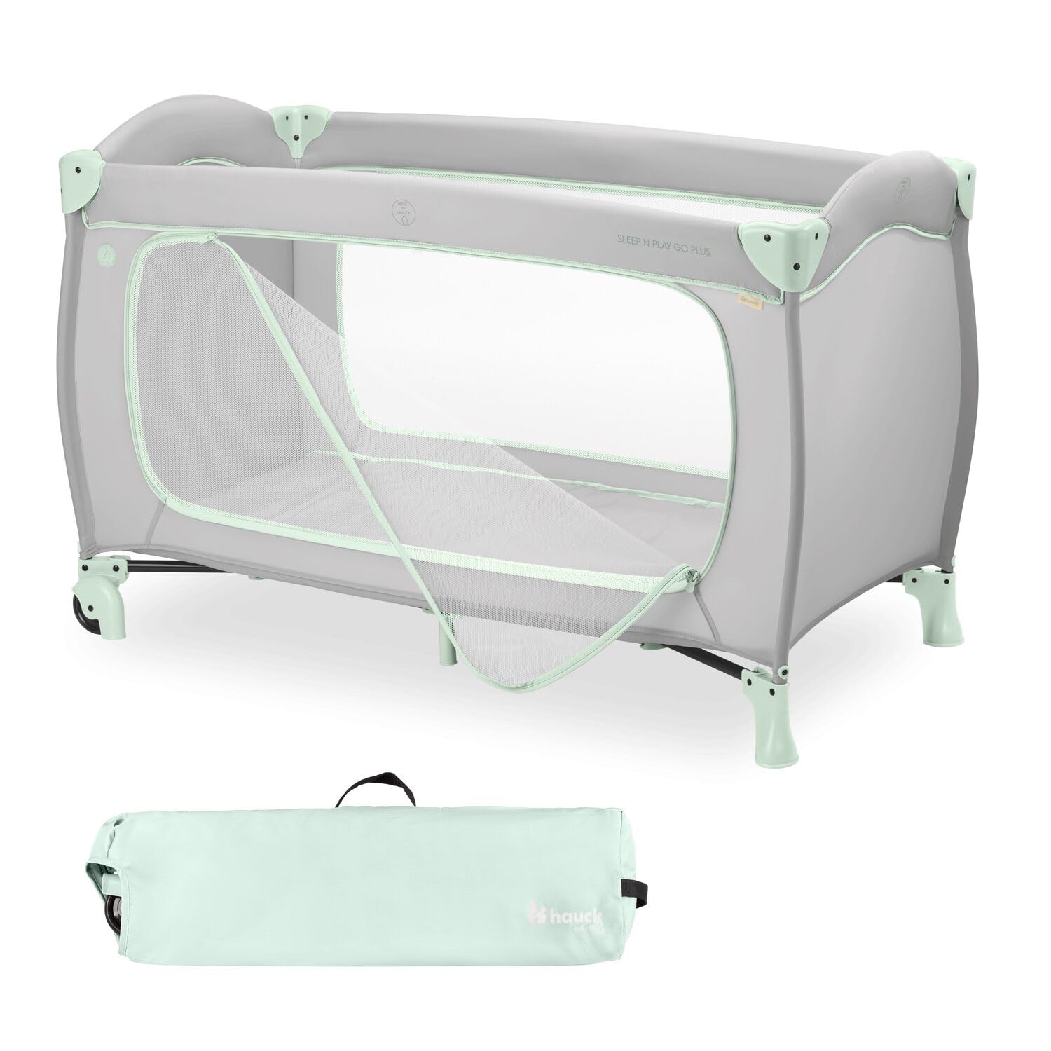 hauck Reisebett Sleep N Play Go Plus, Dusty Mint - Baby Kinderreisebett mit Rädern, Tragetasche, Faltboden und Großen Schlupf zum Spielen - ab Geburt bis 15 kg - Klein Zusammenklappbar