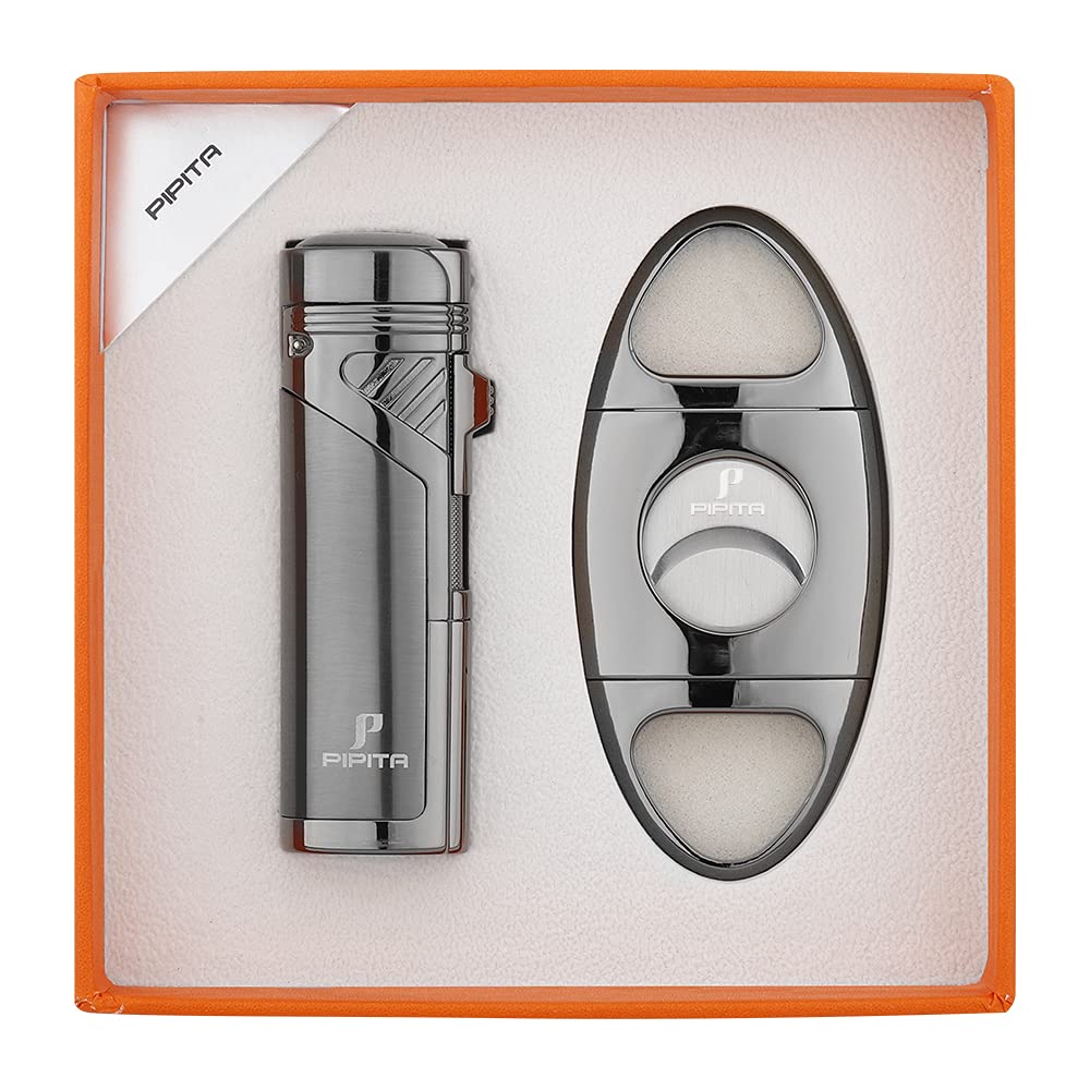 PIPITA Torch Lighter and Cigar Cutter Set (2pcs/Set), Windproof Jet Quad Flame Refillable Butane Cigar Lighter with Punch , Packing with Nice Gift Box (Butane Not Included)(Lighter+cutter)