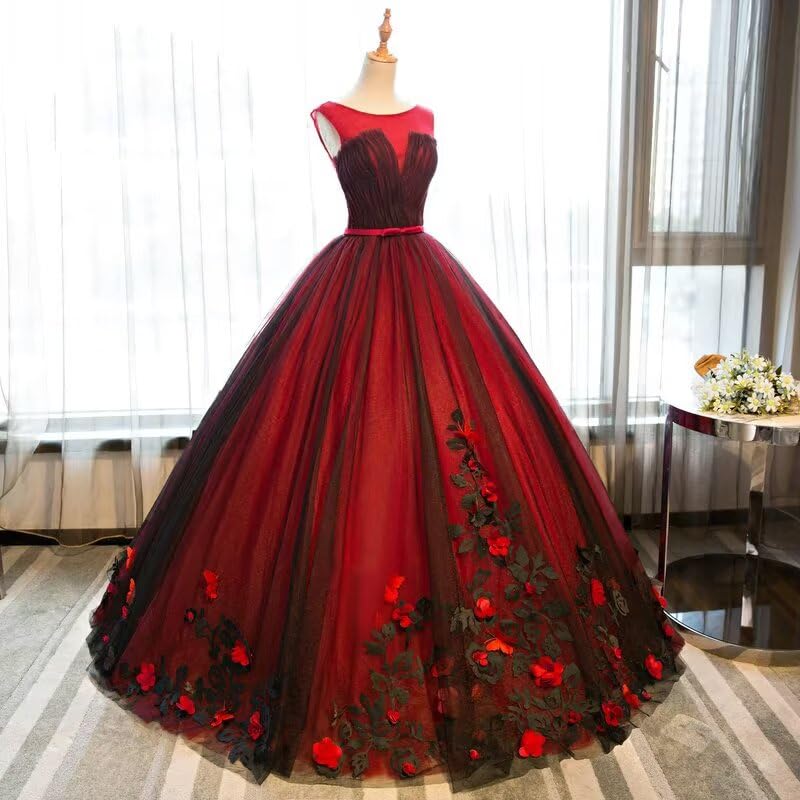 3D Flower Ball Gown Quinceanera Dresses Gothic Black Tulle Sweet 16 Masquerade Princess Dresses2