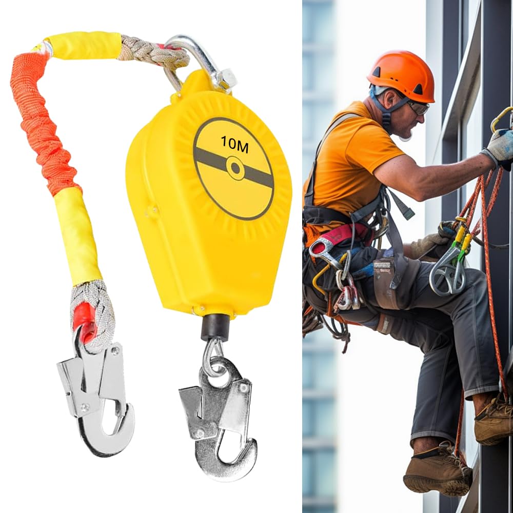 Dispositivo di sicurezza per elevazione, protezione anticaduta, 10 m, 150 kg, protezione anticaduta, copertura con gancio autobloccante, cinghia di raccolta, retrattile per lavori in altezza