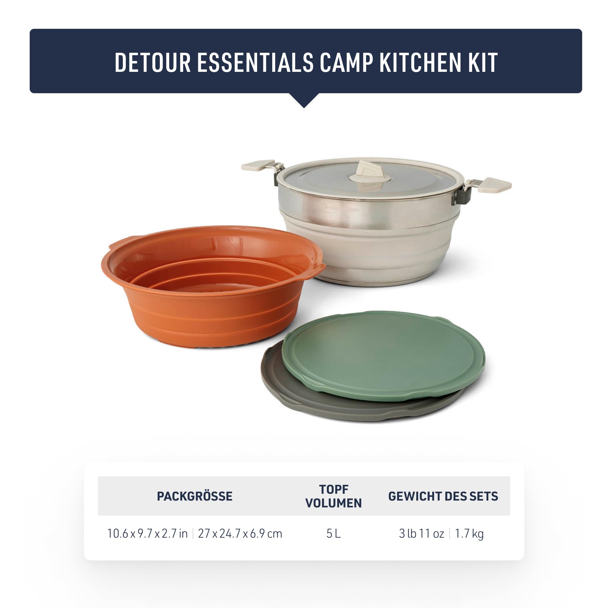 SEA TO SUMMIT - Detour Essentials Camp Kitchen Kit - 2 bis 4 Personen, 4-teilig - Faltbarer Topf 5L & Sieb + Deckel + 2 Schneidebretter - BPA-frei - Campingkochgeschirr aus Silikon & Edelstahl - 1681g