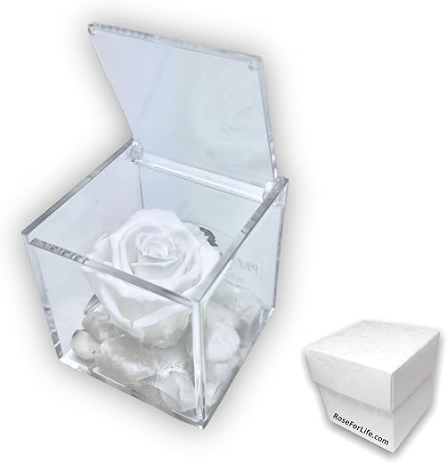 Premium Rose - Stabilized White Rose Cube 5 cm with Carrara Marble - Stabilized Eternal Rose Made in Italy - Idea for Weddings, Baptisms and Communions - White 1058