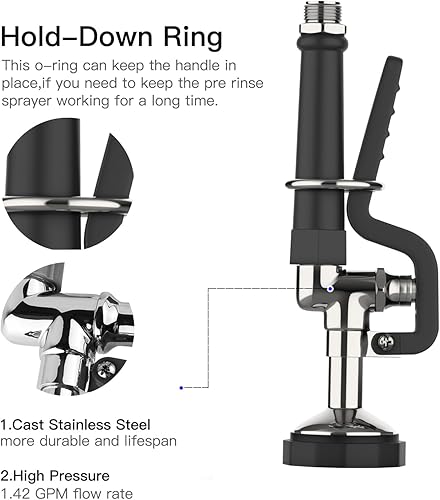 Miniatura 3 de Pulverizador de fregadero comercial con mango ergonómico de 1.42 GPM, boquilla rociadora de platos, válvula de pulverización, acabado cromado