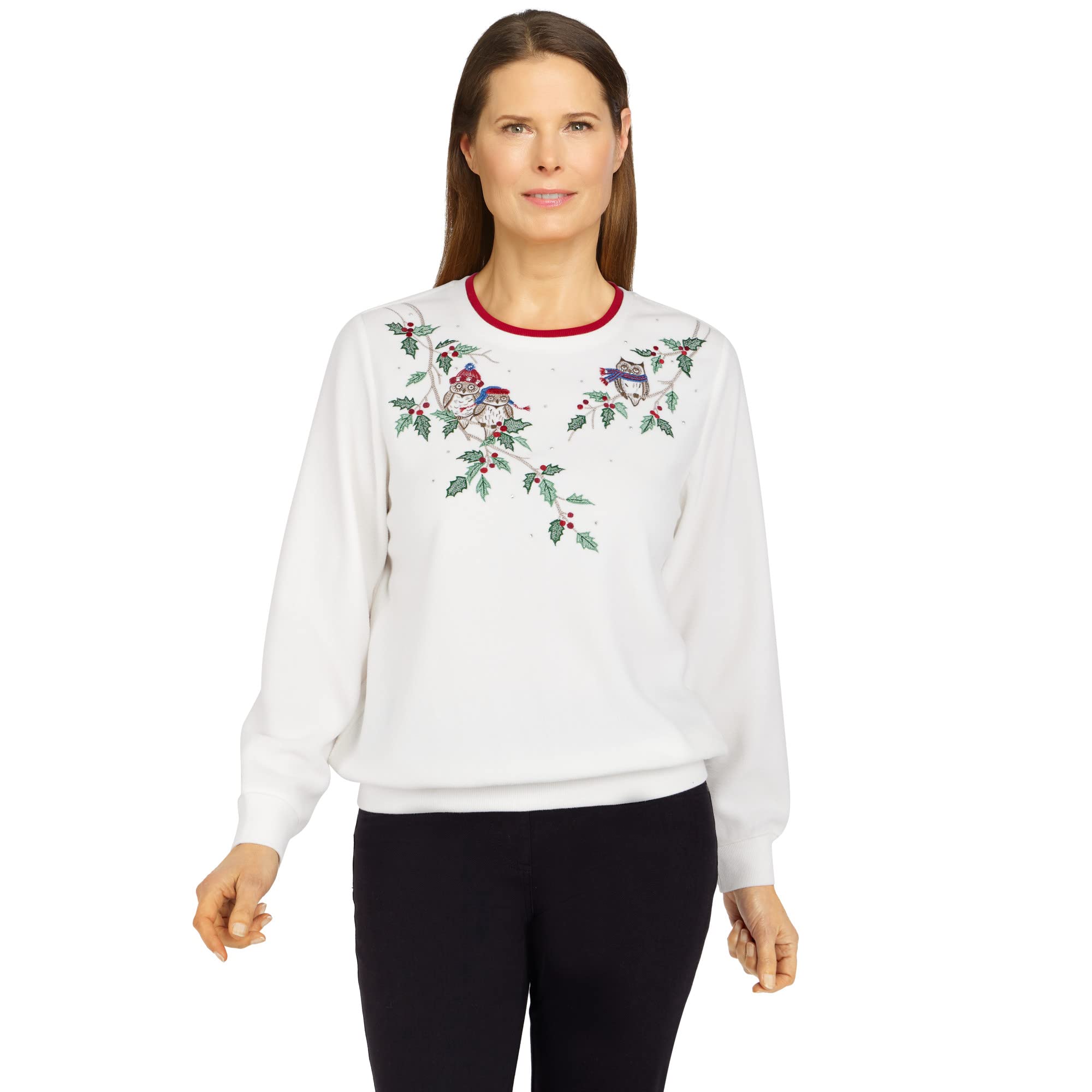 Alfred Dunner Womens Petite Holiday Owls Pullover