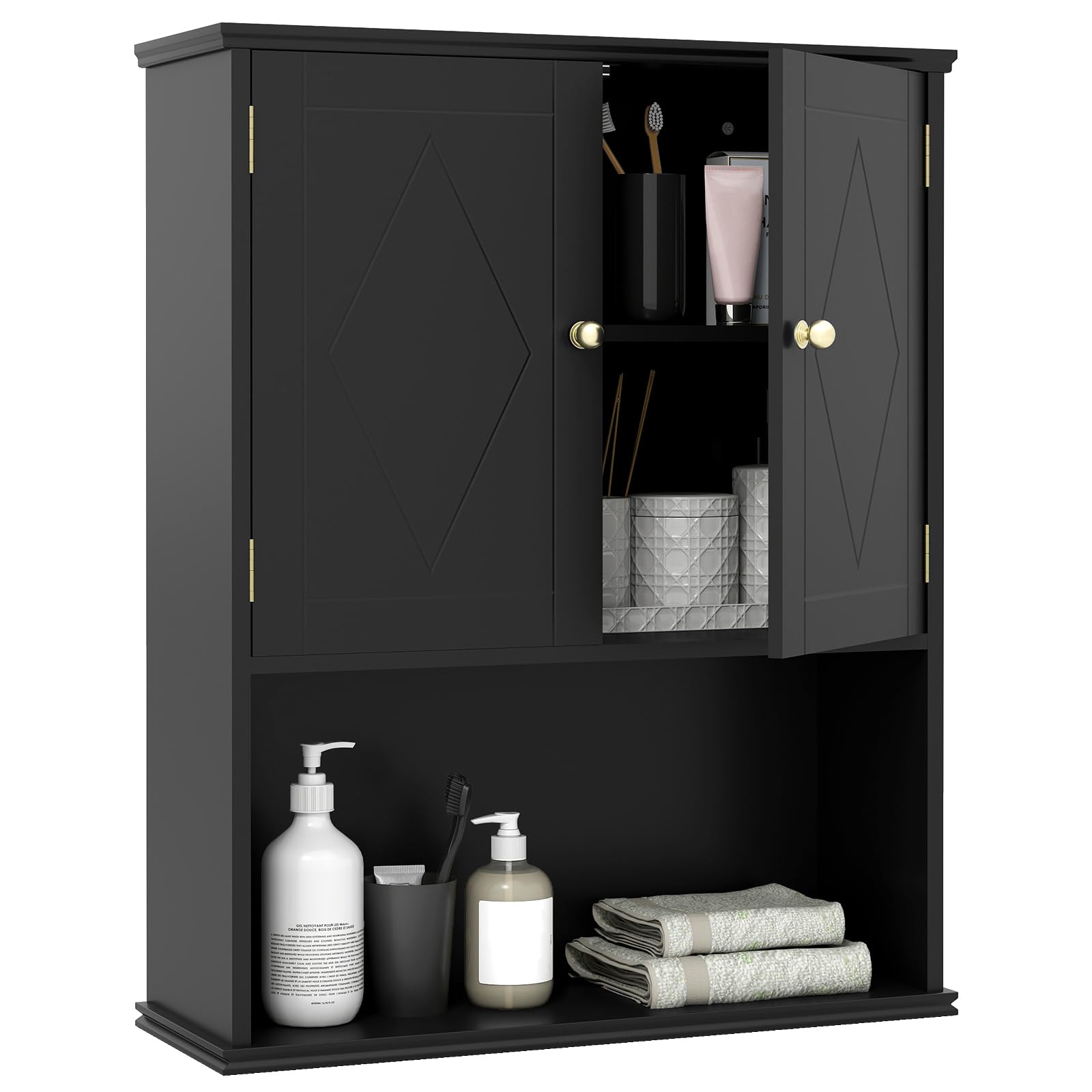 COSTWAY Armoire Murale Salle de Bain, Meuble WC Suspendu avec 2 Portes, Étagère Réglable, Compartiment Ouvert, Style Ferme, Gain de Place, pour Toilette, Buanderie, Cuisine, 21 x 60 x 75 cm (Noir)
