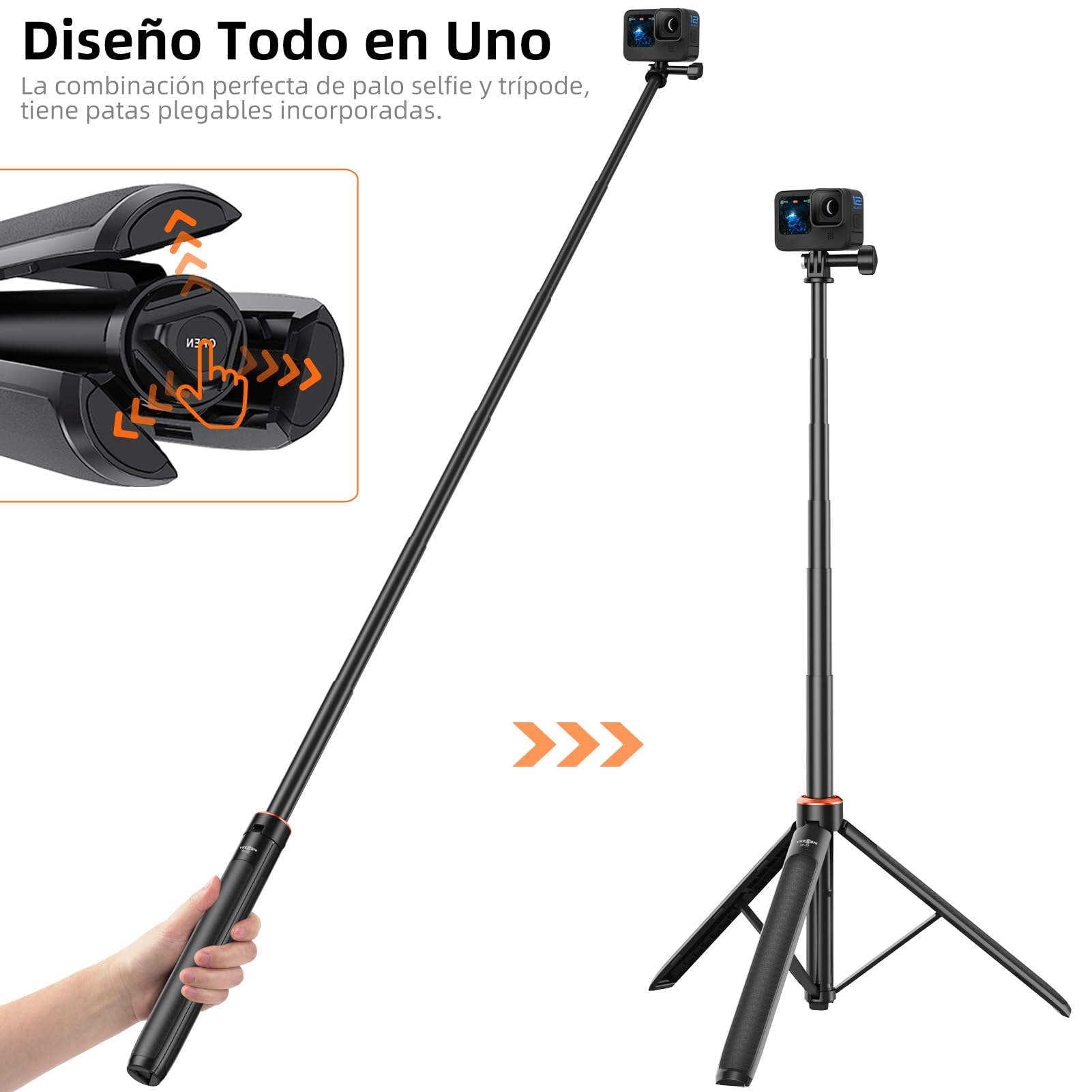 Palo Selfie Telescópico de 136 cm con Trípode Incorporado para GoPro Hero 13/12/11/10/9/Max, dji Osmo Pocket 3, Osmo Action 5 Pro/4, Insta 360 Ace Pro, AKASO EK7000 y Otras Cámaras de Acción