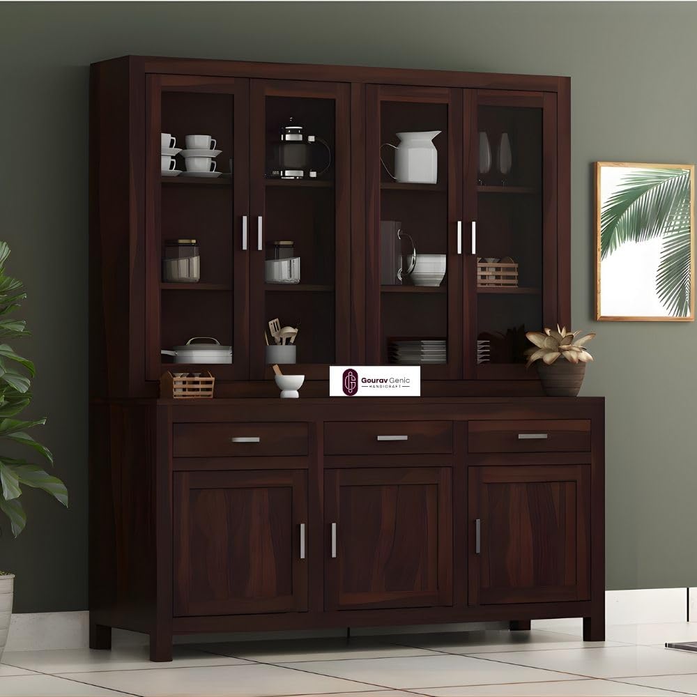 Solid Sheesham Wood Crockery Unit with Glass Doors Dining Hutch Cabinet Wooden Storage Sideboard Buffet Organizer for Kitchen Living Room Premium Dark Brown Finish Furniture-image-28
