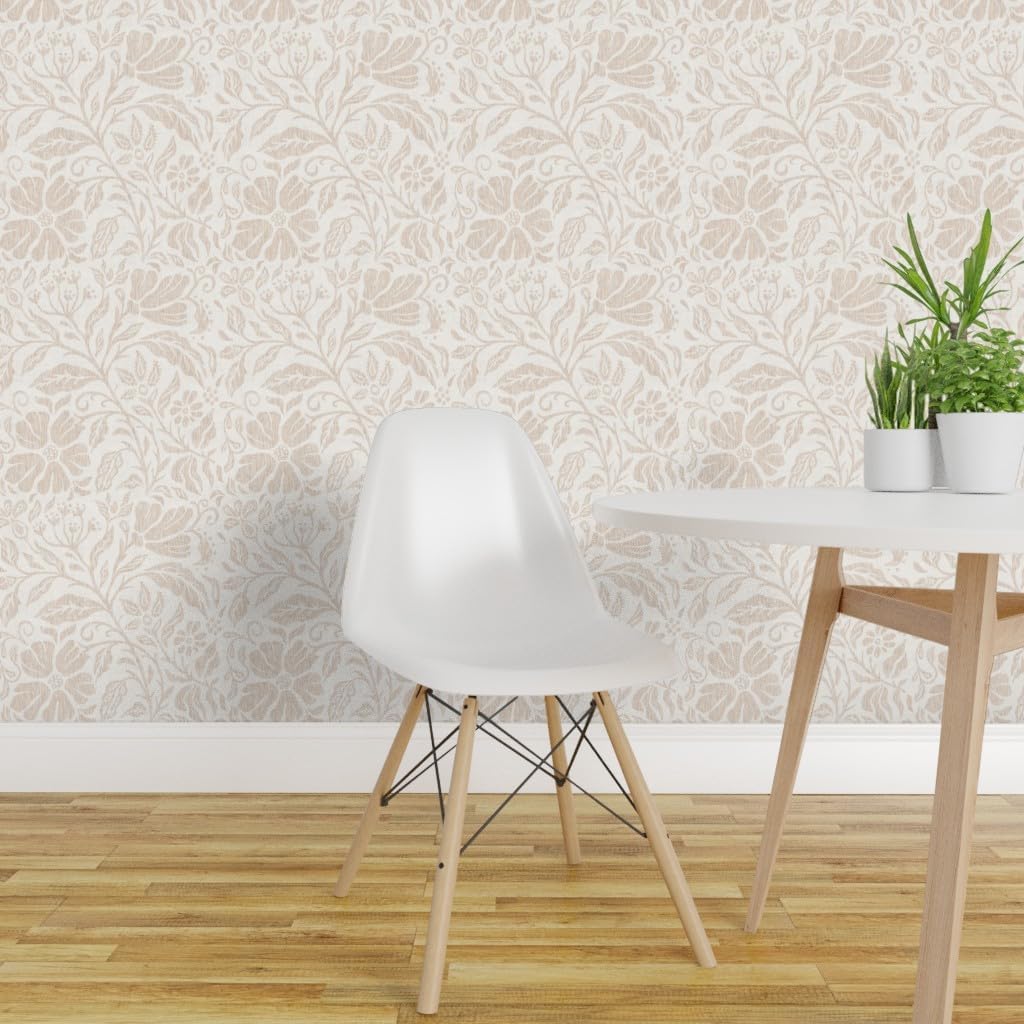 Removable Wallpaper 9ft x 2ft - Neutral Beige Floral Earth Tone Warm Botanical Mochrome Tan Flowers Boho Spring Custom Pre-Pasted Wallpaper by Spoonflower