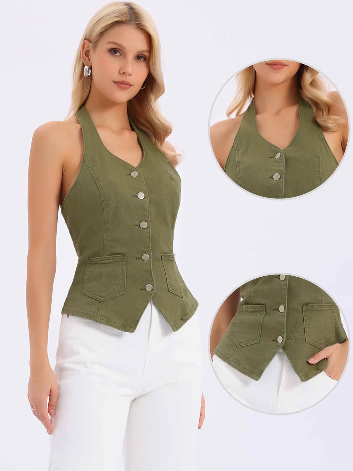 Allegra K Denim Vest for Women's Halter Neck Button Down Backless Jean Waistcoat - Image 2