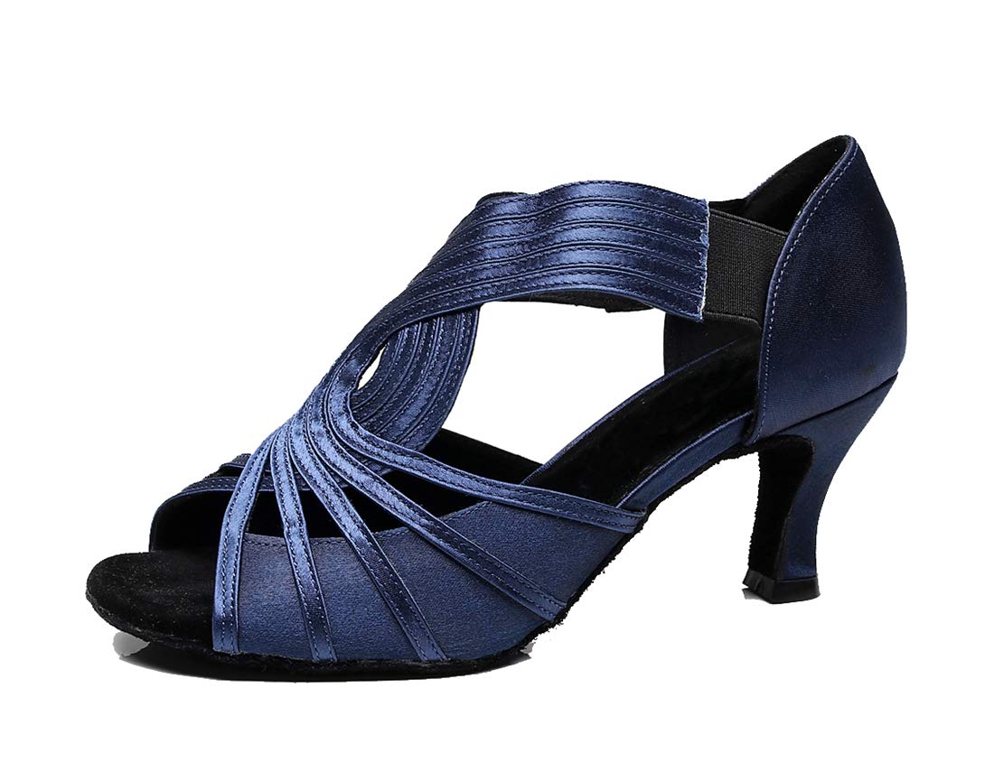 TDA Womens 7133 Flared Heel Dark Blue Satin Latin Modern Salsa Tango Ballroom Wedding Dance Shoes 7.5 M US