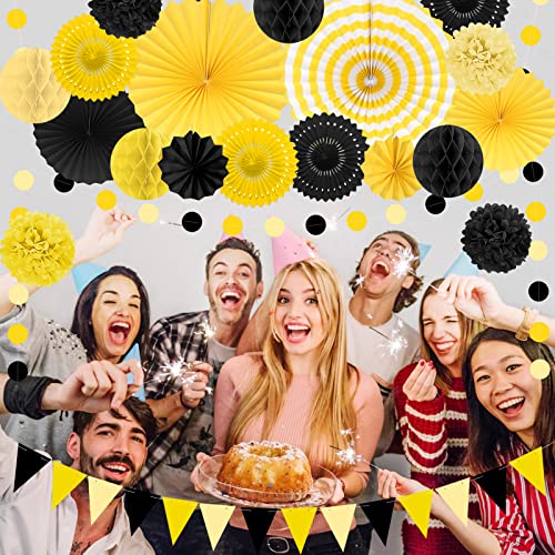 Image of 23Pcs Black and Yellow Birthday Party Decorations Hanging Paper Fans