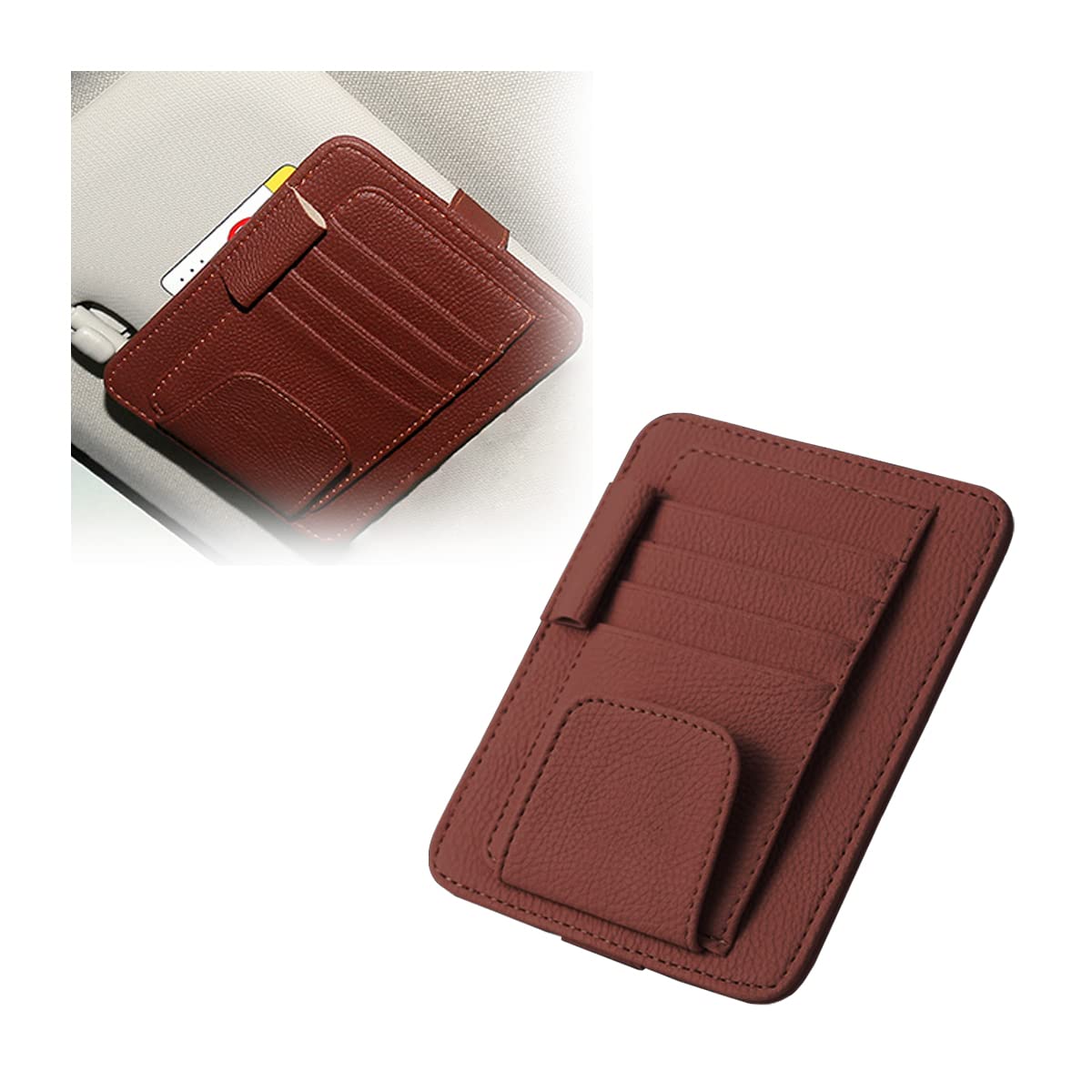 BliloLeather Car Sun Visor Organizer with Sunglass Holder, Multifunctional Eyeglasses Ticket Credit Card Clip and Bills Wallet Storage Pocket, Universal Auto Interior Accessories (Brown)