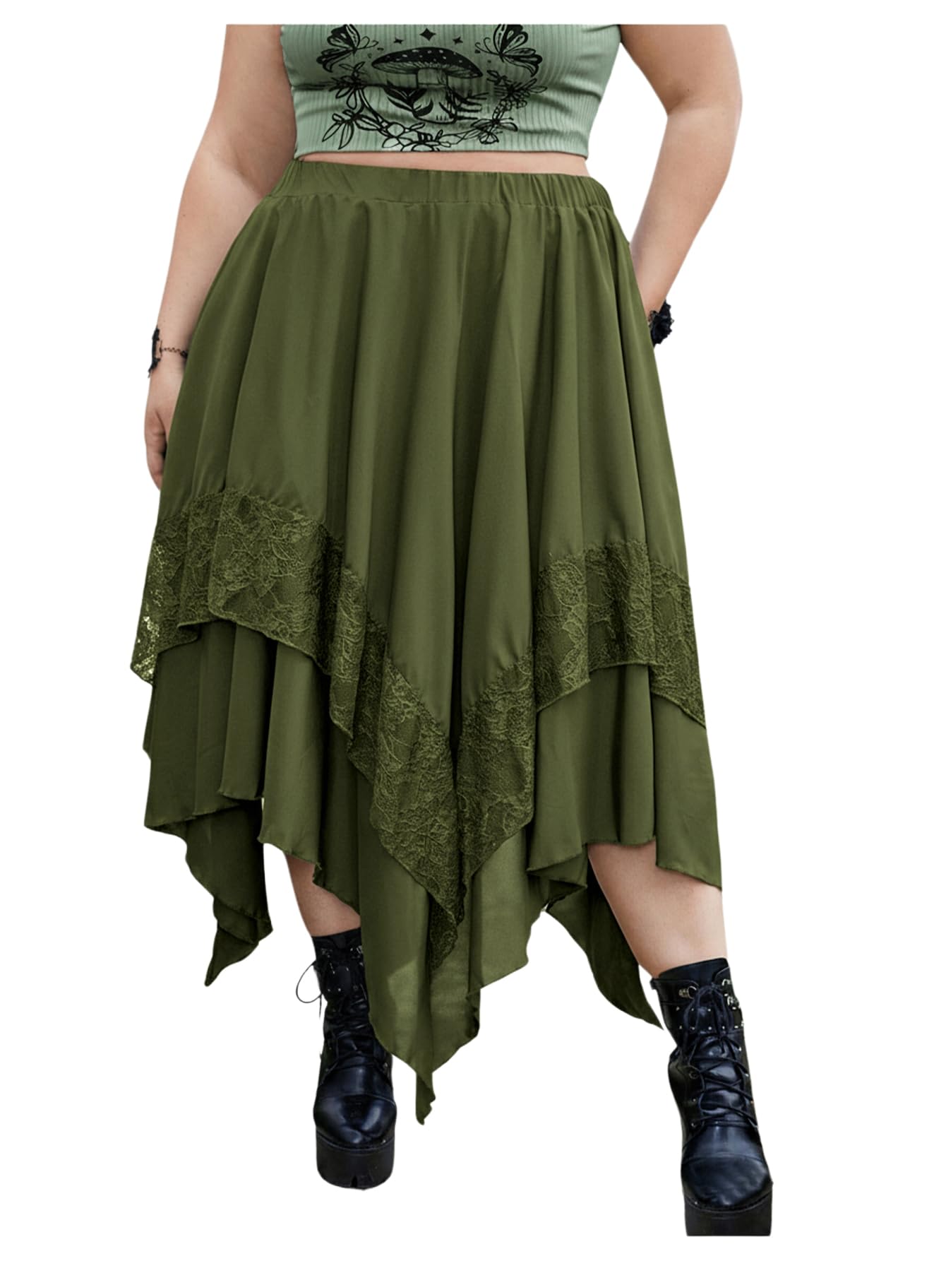 Verdusa Women's Renaissance Flowy Lace Skirt Y2k Asymmetrical Layered Ruffle Midi Skirts