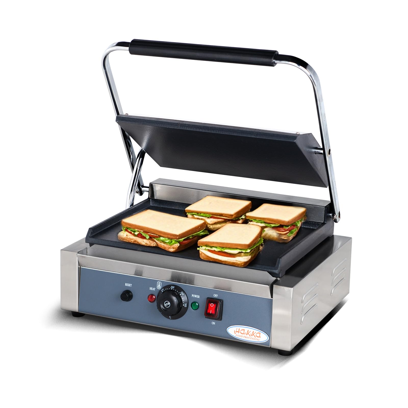 Hakka Electric Panini Press Grill, Commercial Contact Sandwich Toast Maker Non-Stick Wider Flat Plate 50-300℃ Temp Control Catering Machine for Making Breakfast, Steak, Hamburgers