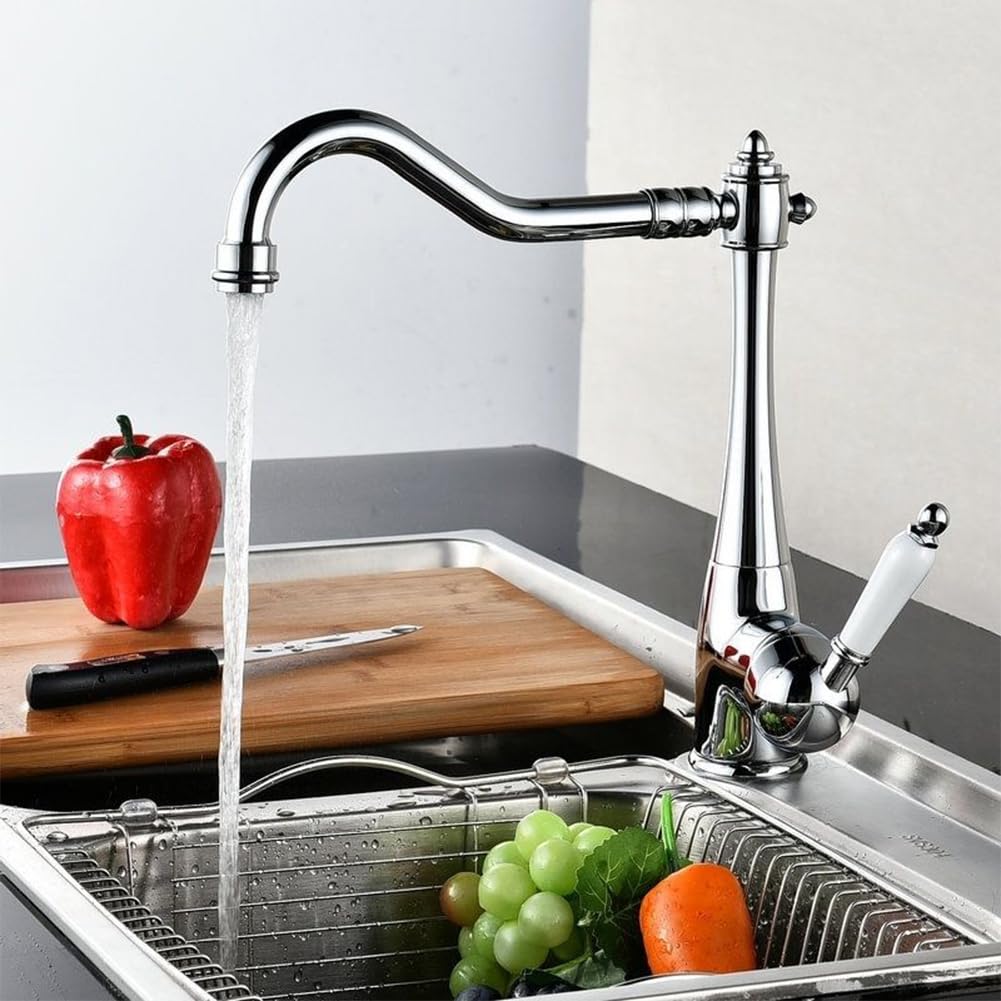 Grifo Cocina Grifo Cocina Fregadero Caño Alto, Antiguo Retro Estilo Latón Monomando Giratorio A 360° Mezclador De Fregadero, Agua Fría Y Caliente Disponibles, Cromado