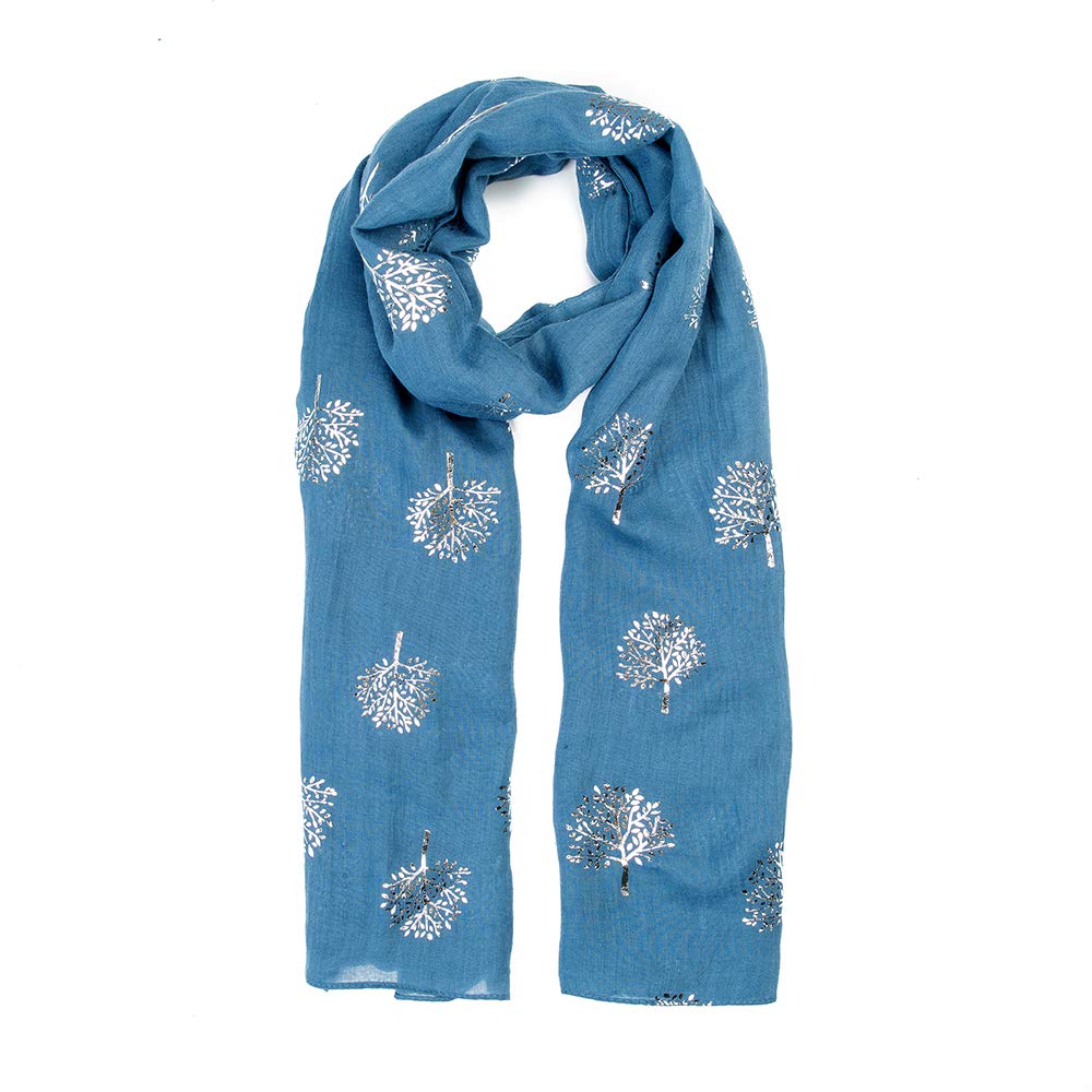 London Scarfs Women's Teal With Silver Foil Glitter Mulberry Trees Scarf Foil Printed Tree Fashion Wrap (Teal With Silver Foil)