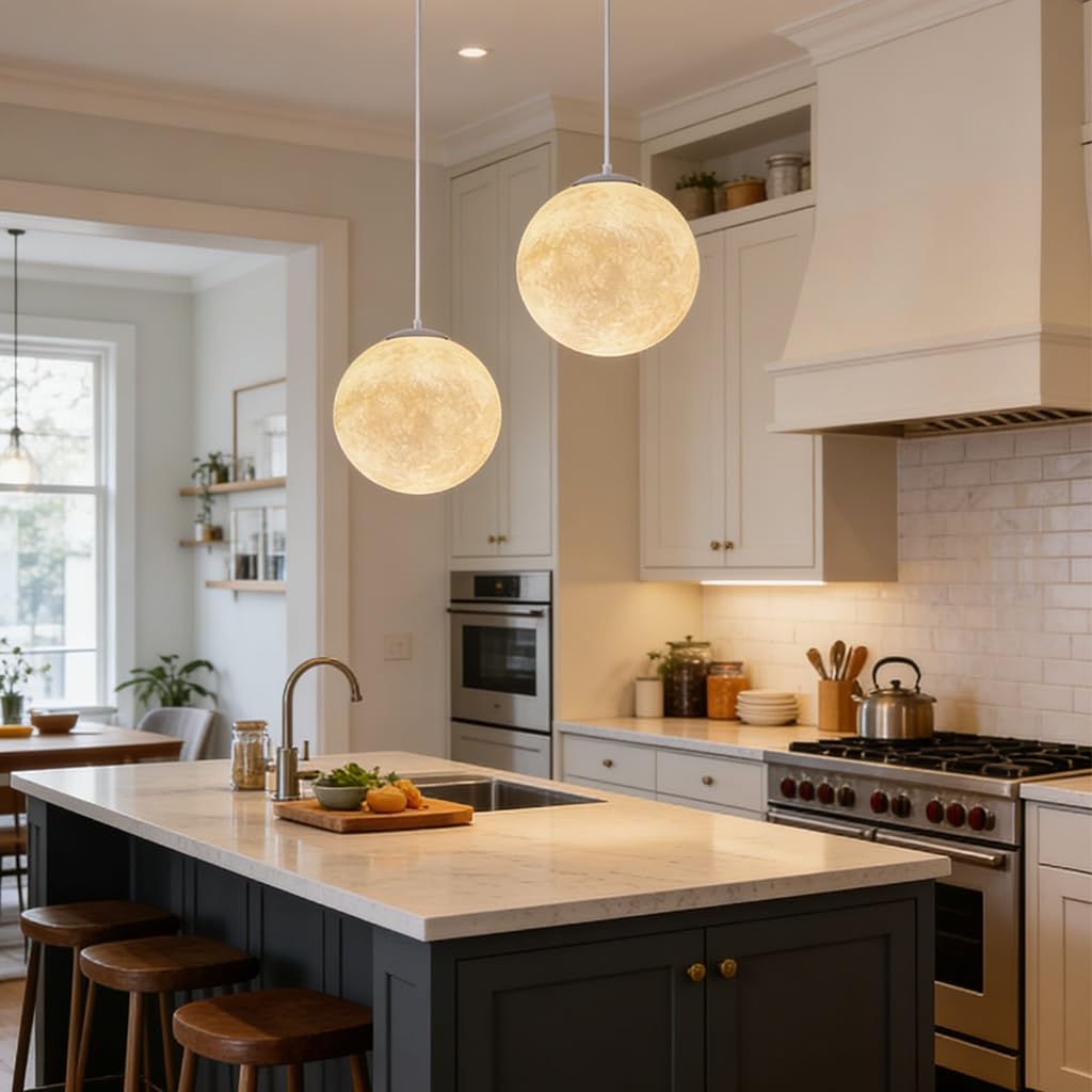 Moderno Luna Colgante Luz E27 Nórdico Dormitorio Resina Fibra Esférica Lámpara Restaurante Tienda Diseño Creativo Bar Billar En Forma De Luna Planeta Lampadario Da Soffitto(25cm)