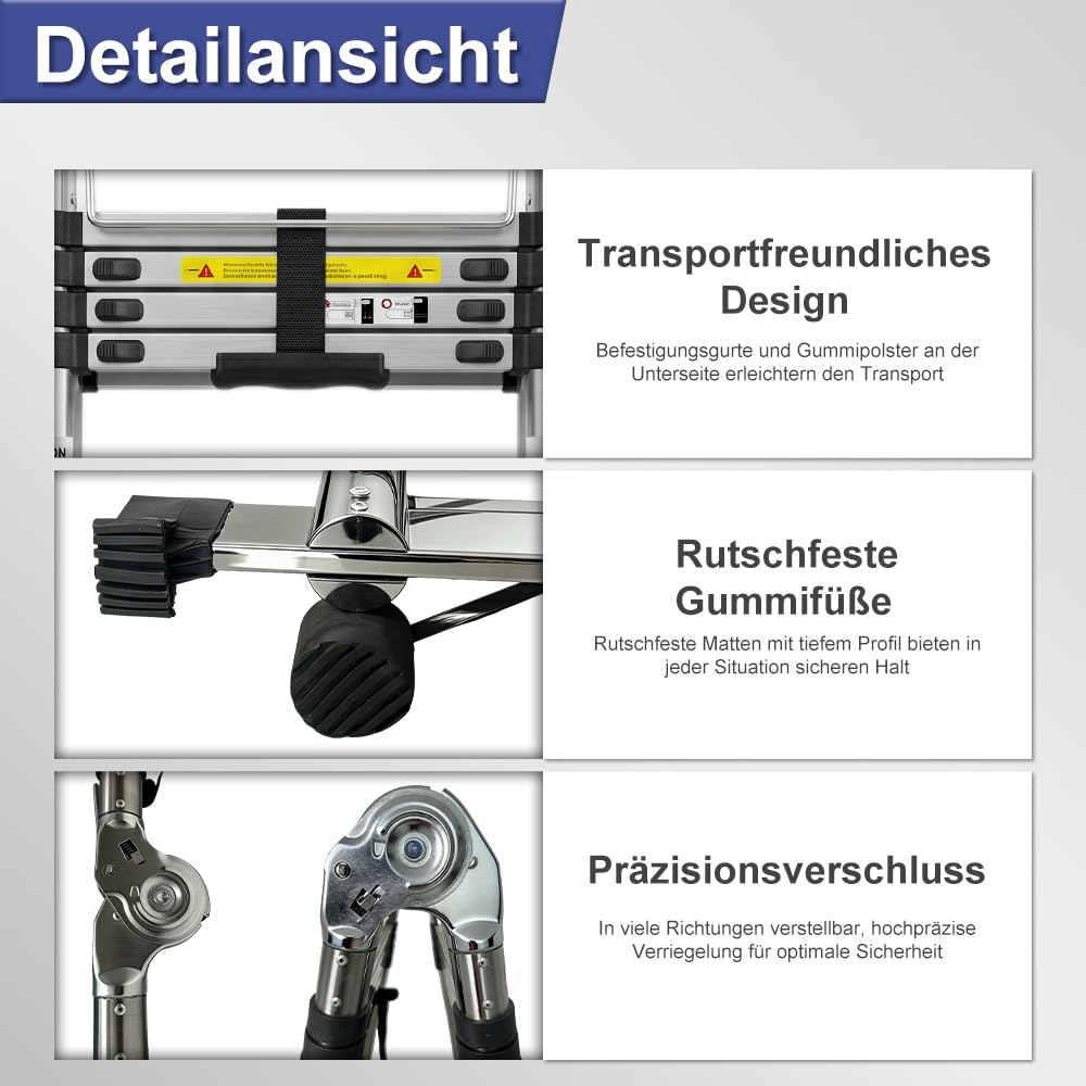 Edelstahl Teleskopleiter Einzelleiter Hochfest Verstärkt, Tragbare Ausziehbare Leiter mit Rutschfesten Füßen, Tragkraft 150 kg Für Dachboden, Wohnmobil, Heimwerkerarbeiten (2.5+2.5M)