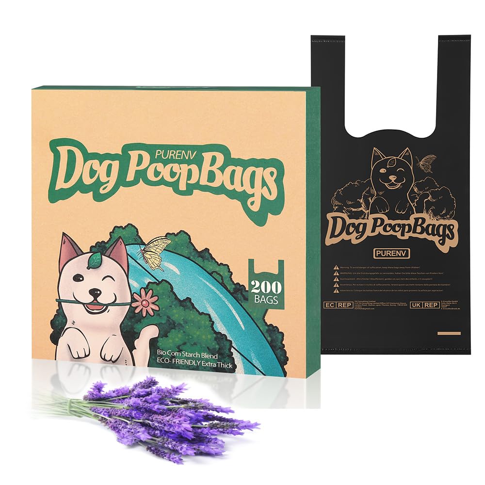 PURENV Biodegradabili Sacchetti Cane con Manici, 200 Pezzi Ecologico Sacchettini per Pupù per Cani, 18 * 38 CM Extra Grande, 100% Prova di Perdite Ultra spessa, Super Forte, con Dispenser Scatola