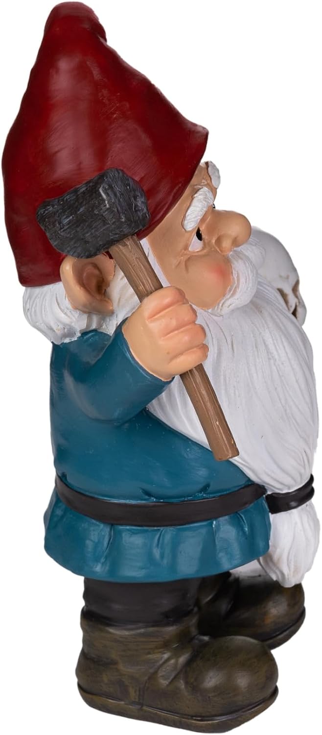 Cave-Gnome Garden Statue - Funny Warrior Gnome with Hammer and Skull - Hand-Painted Resin Lawn Ornament for Outdoor Patio, Yard, and Indoor Desk Decor - Unique Gothic Gag Gift