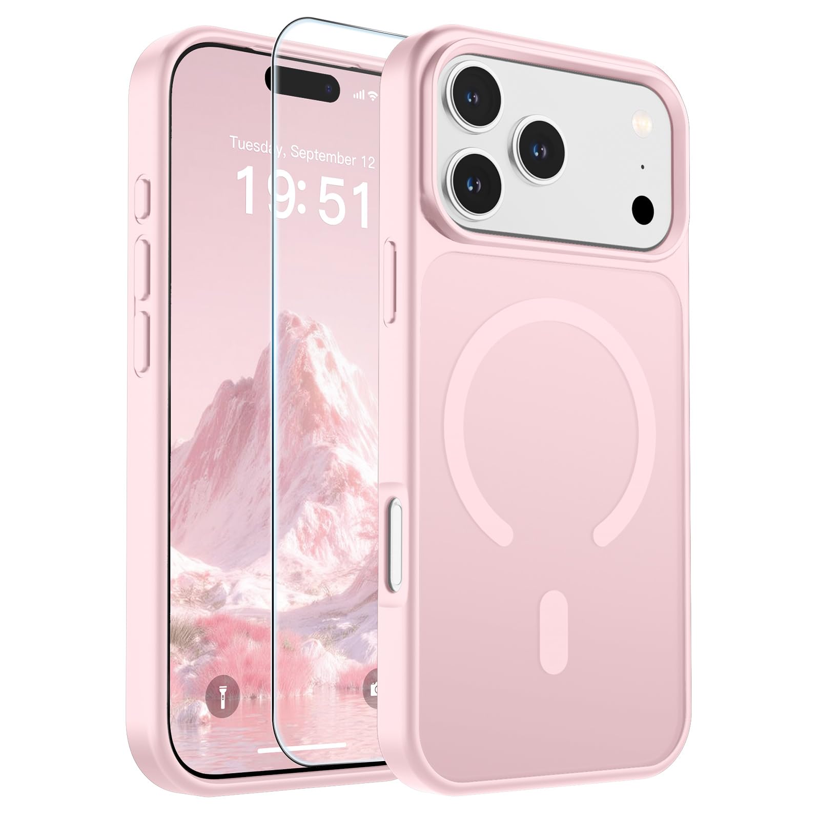 SUPFINE Magnetic for iPhone 17 Pro Max Case Light Pink | With Screen Protector, Translucent Matte, Compatible with MagSafe, Military Grade Drop Proof, Rugged Shockproof Protective